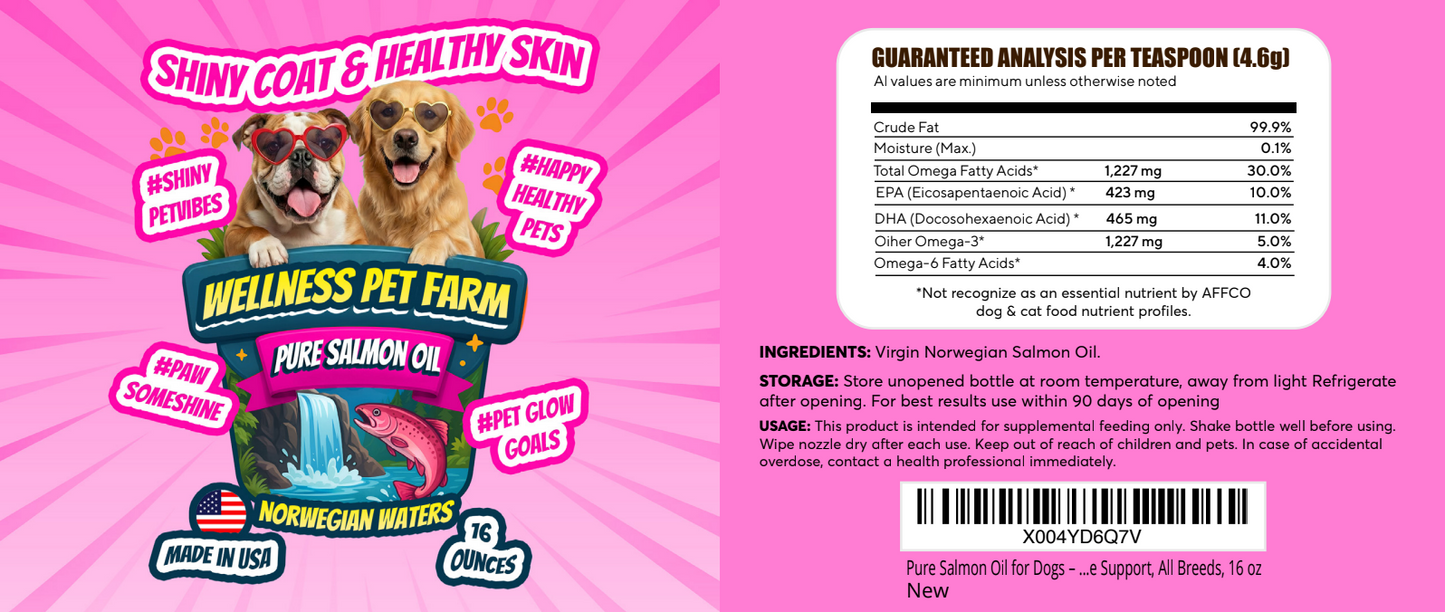 Pure Salmon Oil for Dogs β Omega 3 & 6 Supplement for Shiny Coat, Healthy Skin, Joint & Immune Support, All Breeds, 16 oz Wellness pet farm