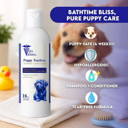 Vets Value Puppy Tearless Shampoo + Conditioner 16oz - Hypoallergenic Dog Wash for Puppies 4 Weeks & Up Gentle Formula Soothes Sensitive Skin, Softens Coat, Nourishing, Healthy Grooming - pH Balanced