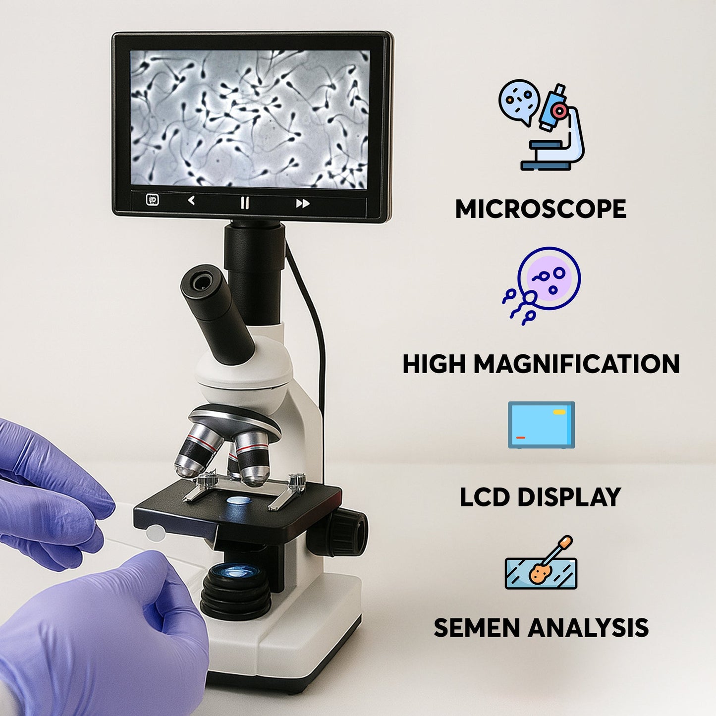 Veterinary Grade Canine Semen Analysis Microscope – 7” HD Display, Dual LED Lighting, WF10X Eyepiece, Slides & Cover Slips, Durable Steel Frame, Portable Metal Carrying Case